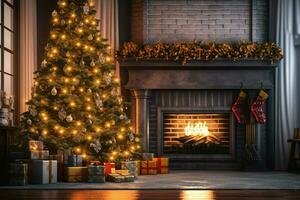acogedor vivo habitación con hogar y hermosa Navidad árbol en clásico interior. interior de vivo habitación decorado para alegre Navidad con medias, regalo cajas y Navidad accesorios por ai generado foto