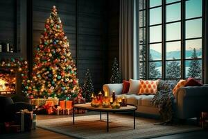 Cosy living room with fireplace and beautiful christmas tree in classic interior. Interior of living room decorated for merry christmas with socks, gift boxes and christmas accessories by AI Generated photo