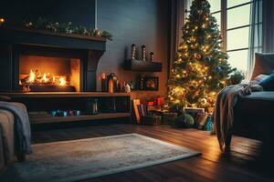 Cosy living room with fireplace and beautiful christmas tree in classic interior. Interior of living room decorated for merry christmas with socks, gift boxes and christmas accessories by AI Generated photo