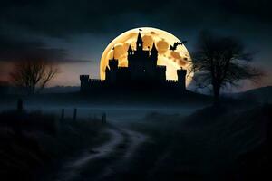 a castle in the middle of a field with a full moon. AI-Generated photo