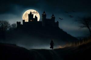 a person walking in front of a castle at night. AI-Generated photo