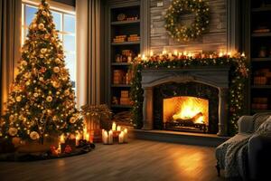 Cosy living room with fireplace and beautiful christmas tree in classic interior. Interior of living room decorated for merry christmas with socks, gift boxes and christmas accessories by AI Generated photo