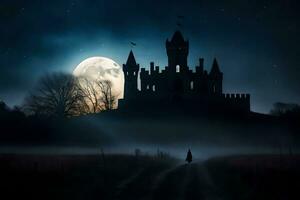 a castle in the fog with a full moon. AI-Generated photo