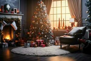 Cosy living room with fireplace and beautiful christmas tree in classic interior. Interior of living room decorated for merry christmas with socks, gift boxes and christmas accessories by AI Generated photo