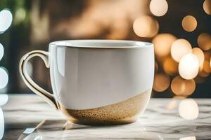 a white coffee cup on a marble table. AI-Generated photo