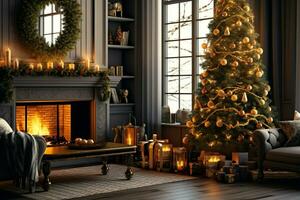 Cosy living room with fireplace and beautiful christmas tree in classic interior. Interior of living room decorated for merry christmas with socks, gift boxes and christmas accessories by AI Generated photo