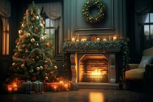 Cosy living room with fireplace and beautiful christmas tree in classic interior. Interior of living room decorated for merry christmas with socks, gift boxes and christmas accessories by AI Generated photo