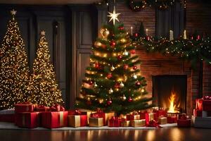 christmas tree and presents in front of fireplace. AI-Generated photo