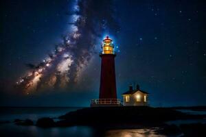 a lighthouse and stars shine over the water. AI-Generated photo