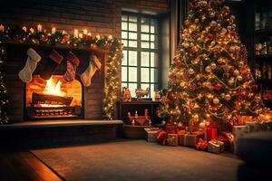 Cosy living room with fireplace and beautiful christmas tree in classic interior. Interior of living room decorated for merry christmas with socks, gift boxes and christmas accessories by AI Generated photo