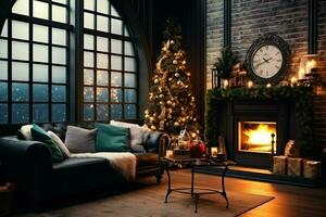 Cosy living room with fireplace and beautiful christmas tree in classic interior. Interior of living room decorated for merry christmas with socks, gift boxes and christmas accessories by AI Generated photo