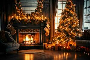 Cosy living room with fireplace and beautiful christmas tree in classic interior. Interior of living room decorated for merry christmas with socks, gift boxes and christmas accessories by AI Generated photo