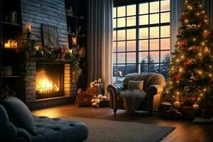 Cosy living room with fireplace and beautiful christmas tree in classic interior. Interior of living room decorated for merry christmas with socks, gift boxes and christmas accessories by AI Generated photo