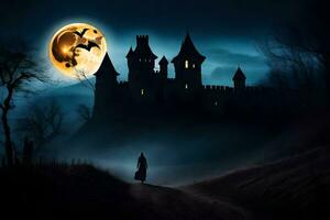 halloween castle in the dark with moonlight. AI-Generated photo