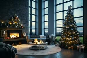 Cosy living room with fireplace and beautiful christmas tree in classic interior. Interior of living room decorated for merry christmas with socks, gift boxes and christmas accessories by AI Generated photo