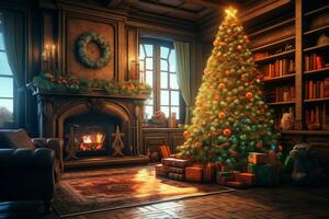 acogedor vivo habitación con hogar y hermosa Navidad árbol en clásico interior. interior de vivo habitación decorado para alegre Navidad con medias, regalo cajas y Navidad accesorios por ai generado foto