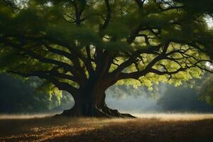 un grande árbol en el medio de un campo. generado por ai foto