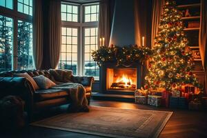 Cosy living room with fireplace and beautiful christmas tree in classic interior. Interior of living room decorated for merry christmas with socks, gift boxes and christmas accessories by AI Generated photo