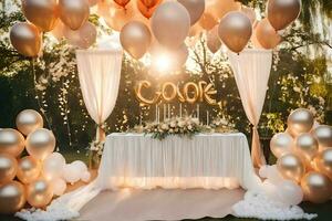 a wedding table with balloons and a sign that says, do. AI-Generated photo