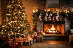 Cosy living room with fireplace and beautiful christmas tree in classic interior. Interior of living room decorated for merry christmas with socks, gift boxes and christmas accessories by AI Generated photo