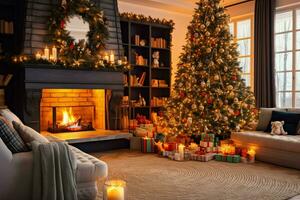 Cosy living room with fireplace and beautiful christmas tree in classic interior. Interior of living room decorated for merry christmas with socks, gift boxes and christmas accessories by AI Generated photo