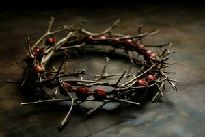 Happy good friday celebration concept with crown of thorns, bible, christian cross and copy space concept by AI Generated photo