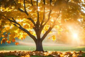 a tree with leaves on the ground and the sun shining through. AI-Generated photo