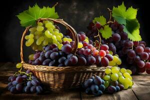 grapes in a basket on a wooden table. AI-Generated photo