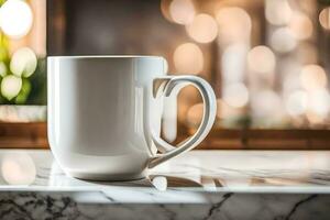 a white coffee cup sitting on a marble counter. AI-Generated photo