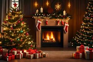 christmas tree and presents in front of fireplace. AI-Generated photo