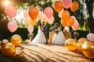 a bride and groom standing under a large number of balloons. AI-Generated photo