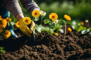 un persona en amarillo guantes es plantando flores en el jardín. generado por ai foto