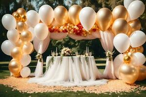 a wedding arch with gold balloons and white tulle. AI-Generated photo