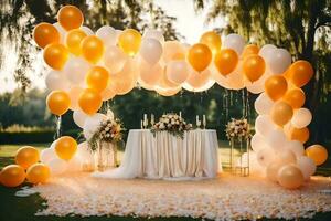 a wedding arch with white and gold balloons. AI-Generated photo