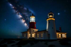 two lighthouse lights shine under the stars at night. AI-Generated photo