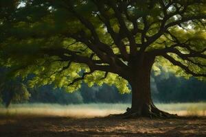 un grande árbol en el medio de un campo. generado por ai foto