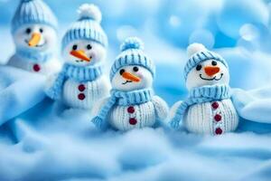 snowmen in blue hats and scarves on a blue background. AI-Generated photo