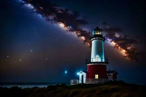 a lighthouse with stars in the sky and a light shining. AI-Generated photo