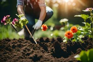 a woman is digging in the dirt with a rake. AI-Generated photo