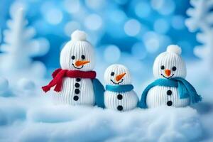 Tres muñecos de nieve son en pie en el nieve. generado por ai foto
