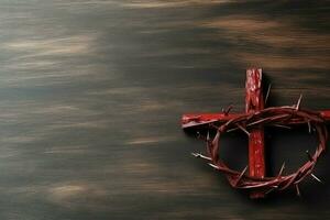 Happy good friday celebration concept with crown of thorns, bible, christian cross and copy space concept by AI Generated photo