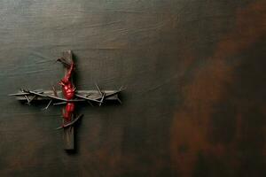 Happy good friday celebration concept with crown of thorns, bible, christian cross and copy space concept by AI Generated photo
