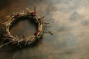 Happy good friday celebration concept with crown of thorns, bible, christian cross and copy space concept by AI Generated photo