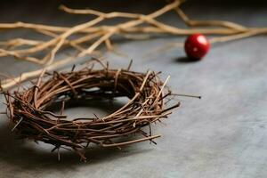 Happy good friday celebration concept with crown of thorns, bible, christian cross and copy space concept by AI Generated photo