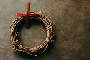 Happy good friday celebration concept with crown of thorns, bible, christian cross and copy space concept by AI Generated photo