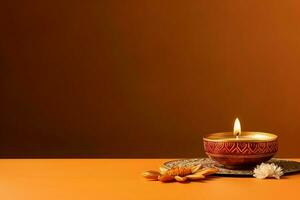 Happy diwali or deepavali traditional indian festival with clay diya oil lamp. Indian hindu festival of light symbol with candle and light. Clay diya lamp lit during diwali celebration by AI generated photo