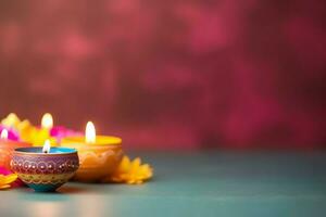 Happy diwali or deepavali traditional indian festival with clay diya oil lamp. Indian hindu festival of light symbol with candle and light. Clay diya lamp lit during diwali celebration by AI generated photo