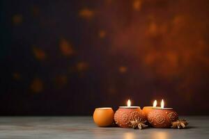 Happy diwali or deepavali traditional indian festival with clay diya oil lamp. Indian hindu festival of light symbol with candle and light. Clay diya lamp lit during diwali celebration by AI generated photo