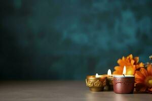 Happy diwali or deepavali traditional indian festival with clay diya oil lamp. Indian hindu festival of light symbol with candle and light. Clay diya lamp lit during diwali celebration by AI generated photo