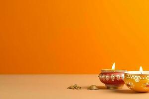 Happy diwali or deepavali traditional indian festival with clay diya oil lamp. Indian hindu festival of light symbol with candle and light. Clay diya lamp lit during diwali celebration by AI generated photo